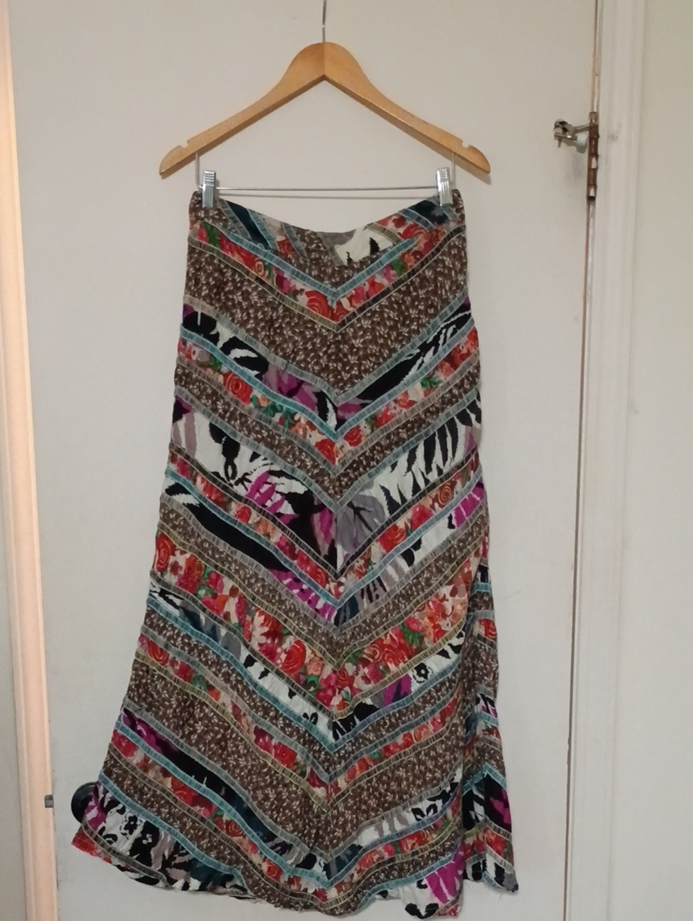 Free People Vintage 70s Bohemian Multi-Color Chevron Patchwork Maxi Skirt 4